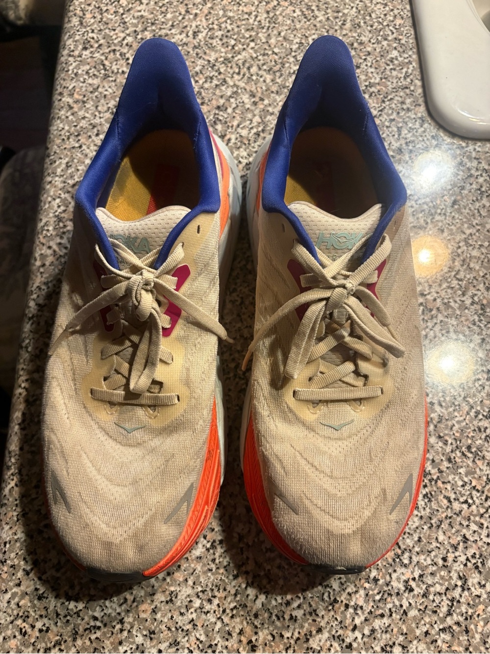 Hoka Running Shoes - Tan with Orange & Blue Accents